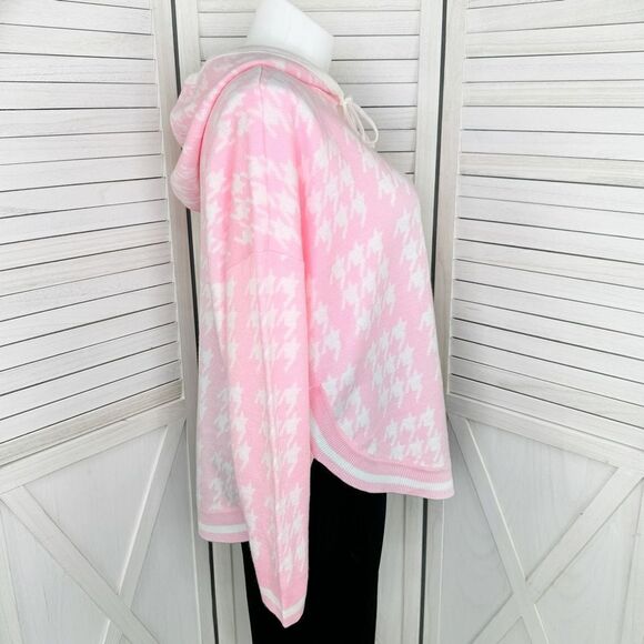 Crown & Ivy Houndstooth Hooded Long Sleeve Poncho Sweater Pink White Large - Picture 3 of 12